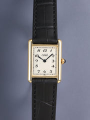 Cartier Must Tank LM 590005 Quartz Caliber 90 SV925 Leather Strap with Genuine Pin Buckle (GP) Arabic Dial (SWISS Marking) Overhauled and Finished to Look Like New