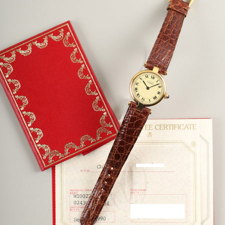 カルティエ ヴァンドーム VLC SM 590004 クォーツ Cal.90 SV925 純正革ベルト 純正尾錠（GP）アイボリーローマン文字盤 冊子 保証書（1990年）オーバーホール済み