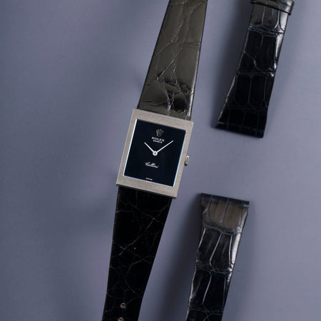 ロレックス チェリーニ 4014 手巻き Cal.1600 750WG 革 純正尾錠（GP） ブルー文字盤 35番台（1972年）オーバーホール済み