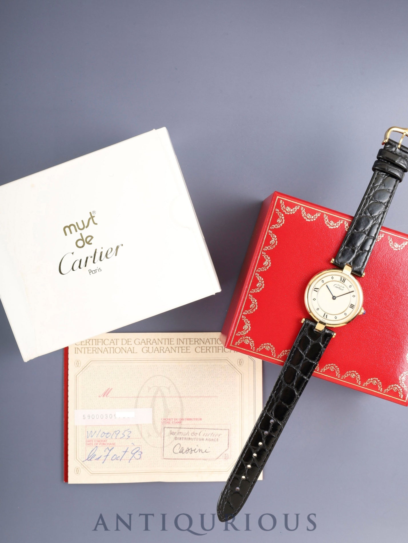 カルティエ マスト ヴァンドーム VLC LM 590003 クォーツ Cal.90 SV925 革 純正尾錠（GP）アイボリー4点ローマン文字盤 箱 保証書（1993年）オーバーホール済み