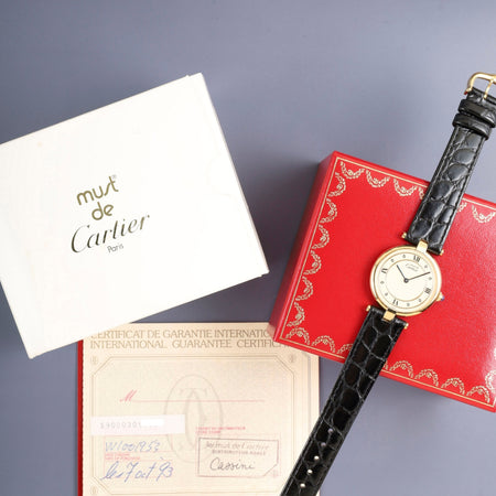 カルティエ マスト ヴァンドーム VLC LM 590003 クォーツ Cal.90 SV925 革 純正尾錠（GP）アイボリー4点ローマン文字盤 箱 保証書（1993年）オーバーホール済み