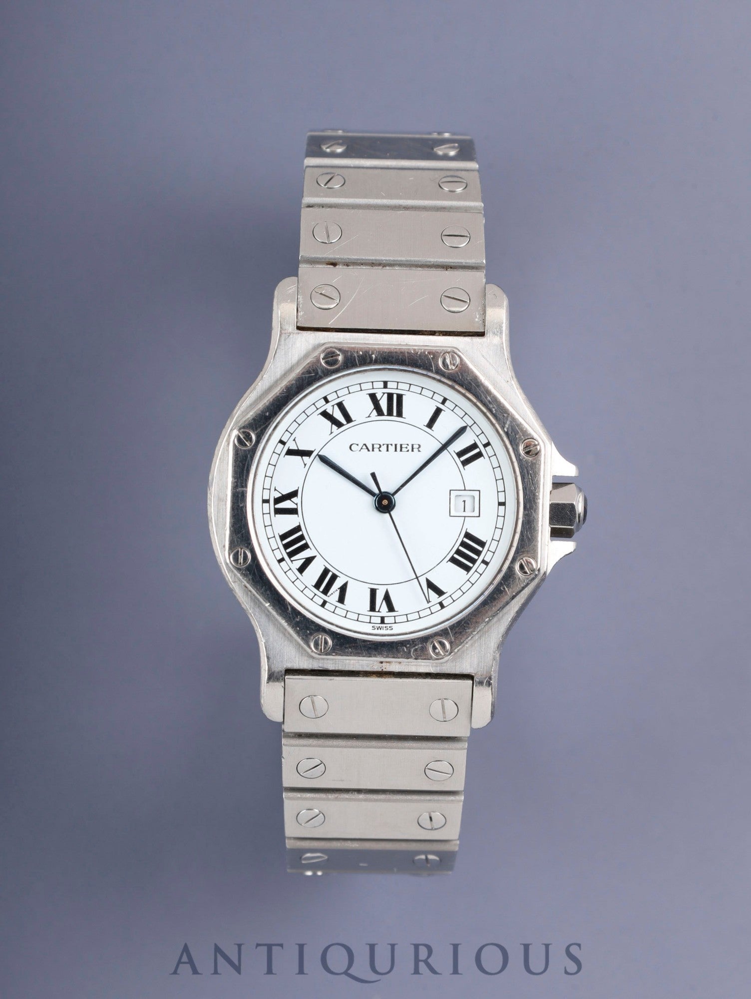 Cartier Santos Octagon LM 2965 Automatic Cal. 2671 Stainless Steel/Stainless Steel White Roman Dial Box Booklet International Lifetime Warranty (1983) Overhauled