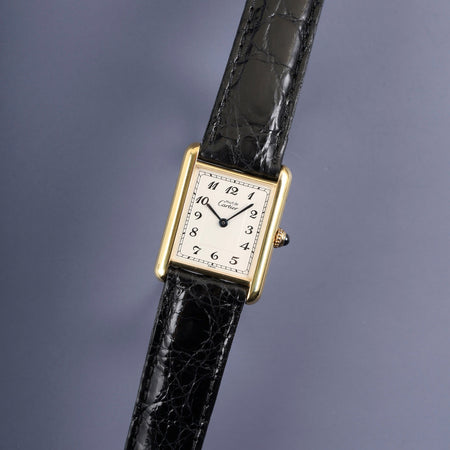 カルティエ マストタンク LM 590005 クォーツ Cal.90 SV925 革 純正Dバックル（GP）アラビア文字盤 オーバーホール済み 新品仕上げ済み