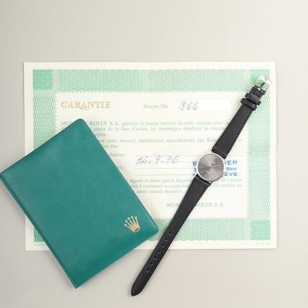 ロレックス チェリーニ 3810 手巻き Cal.1600 750WG 革 純正尾錠（GP） グレー文字盤 36番台（1972年） 冊子 保証書（1976年） オーダーホール済み