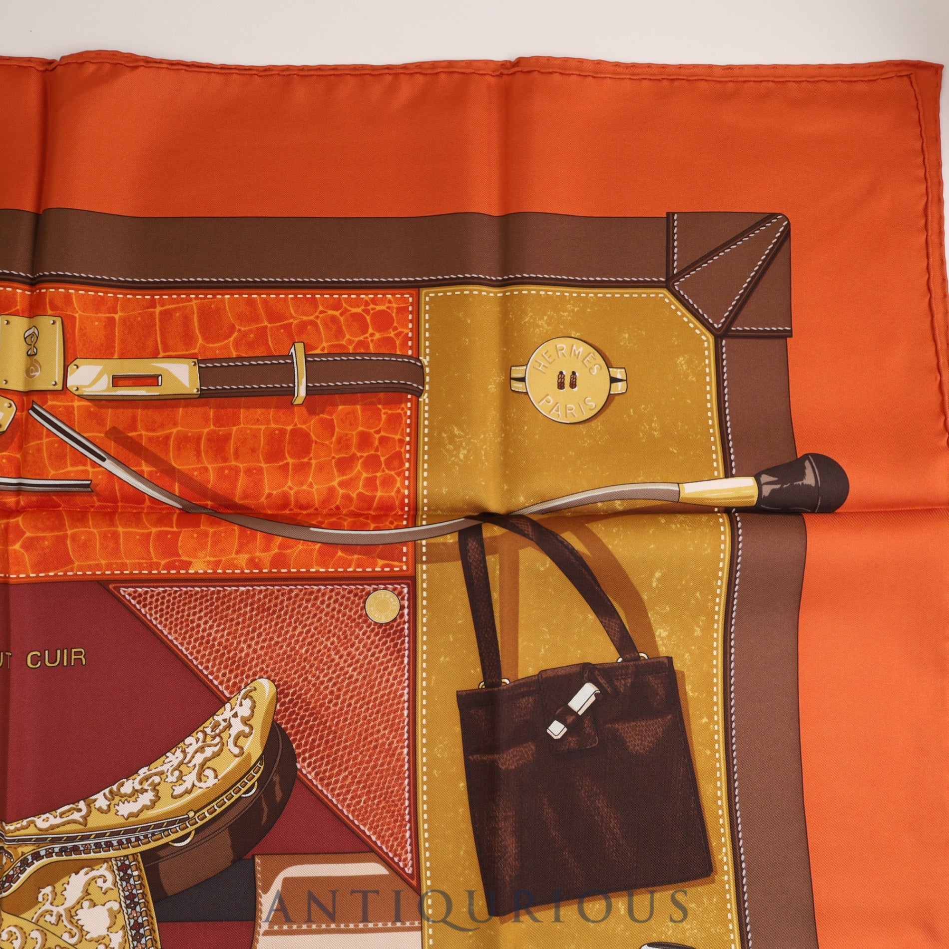 Hermes Scarf Carre 90 TOUT CUIR All leather Brown x Orange 100% SILK Case