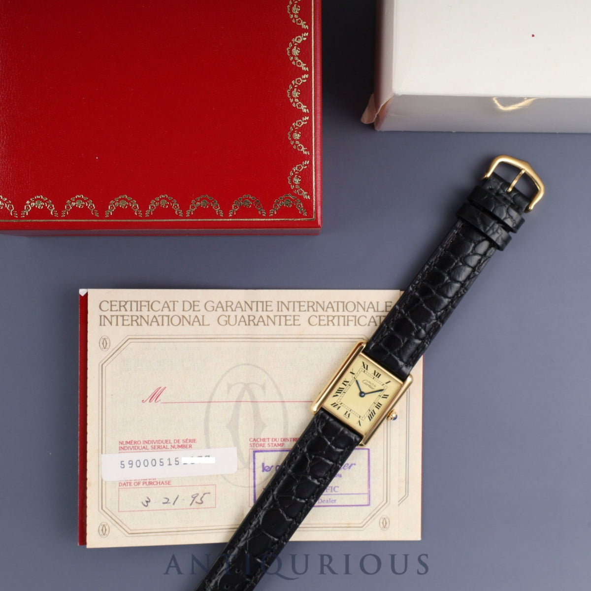 Cartier Must Tank LM 590005 Quartz Cal.90 SV925 Leather Strap with Genuine GP Buckle Ivory Roman Dial Box Booklet Warranty (1995) Overhauled
