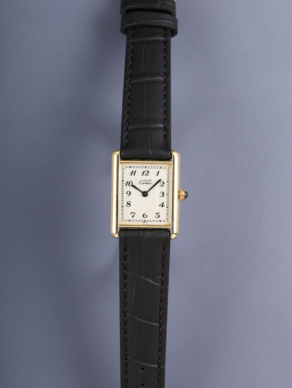 Cartier Must Tank LM 590005 Quartz Caliber 90 SV925 Leather Strap with Genuine Pin Buckle (GP) Arabic Dial (SWISS Marking) Overhauled and Finished to Look Like New