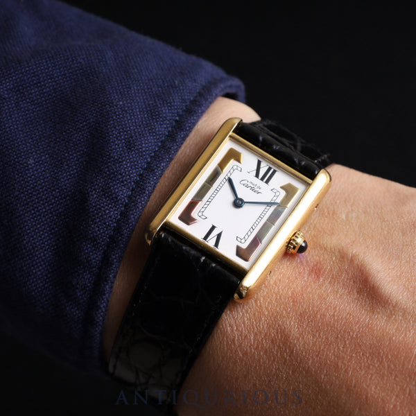 カルティエ マストタンク LM 590005 クォーツ Cal.90 SV925 革 純正尾錠（GP） トリニティ文字盤 オーバーホール済み