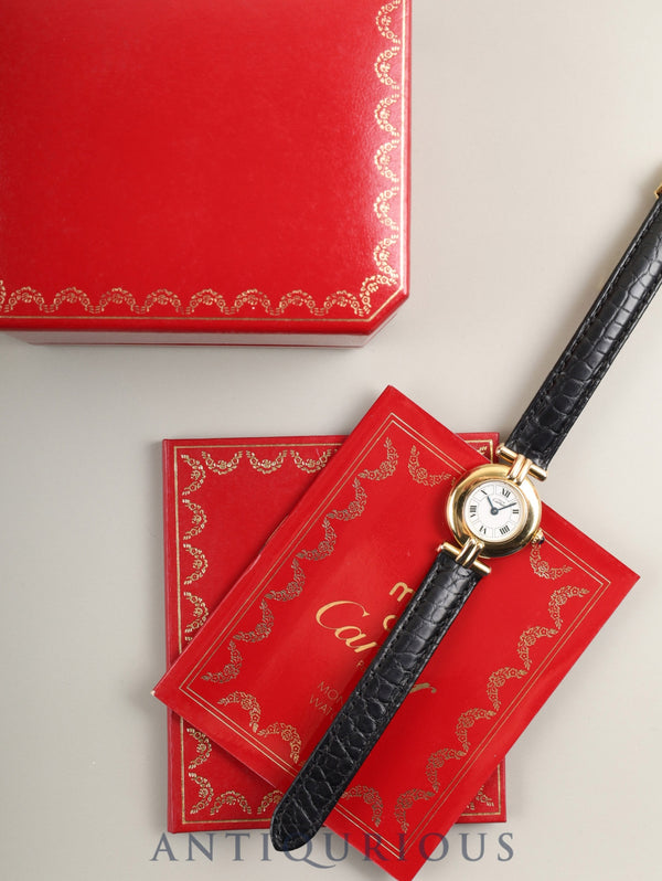 Cartier Must Colisee W1009954 / 1902 Quartz Caliber 90 SV925 Leather Strap with Genuine D-buckle (GP) White Roman Dial with Box and Booklet Overhauled