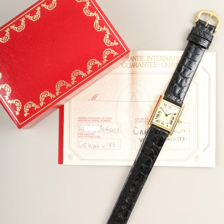 カルティエ マストタンク SM 3 66001 クォーツ SV925 革 純正ピンバックル（GP）アイボリーローマン文字盤（SWISS表記） 箱 保証書（1988年） 済オーバーホール済み
