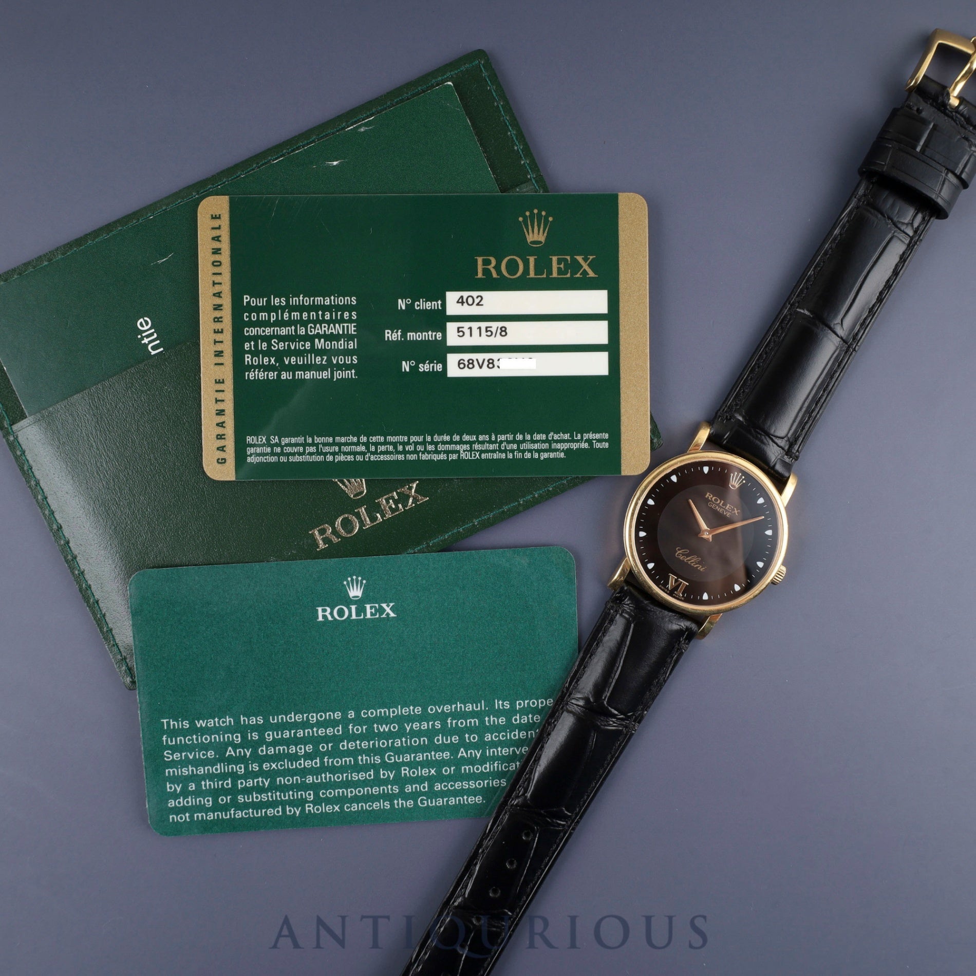 Rolex Cellini 5115/8 Manual Winding Caliber 1600 750 Leather Genuine Buckle (750) Black Dial Warranty (Personalized, 201?) International Service Warranty (2015) Repair Details (2015) Booklet Overhauled