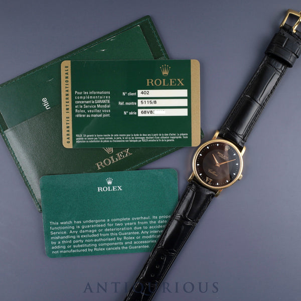 Rolex Cellini 5115/8 Manual Winding Caliber 1600 750 Leather Genuine Buckle (750) Black Dial Warranty (Personalized, 201?) International Service Warranty (2015) Repair Details (2015) Booklet Overhauled