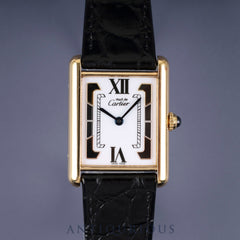 Cartier Must Tank LM W1006254 / 590005 Quartz Caliber - SV925 Leather Strap with Genuine GP Buckle Side Trinity Dial Circa 1982-Circa 1995 Completely serviced at a Cartier boutique