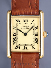 Cartier Must Tank LM W1002753 / 590005 Quartz Cal.- SV925 Leather Genuine Pin Buckle (GP) Ivory Roman Dial (SWISS MADE) Complete Service at Cartier Boutique
