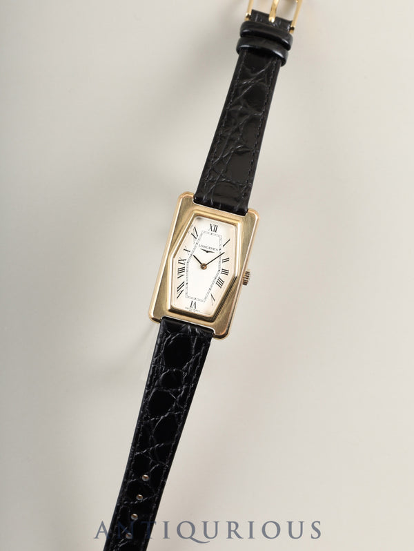 Longines Rectangular Quartz Caliber 5602 Stainless Steel/GP Leather Watch with Aftermarket Buckle (GP) White Dial Overhauled