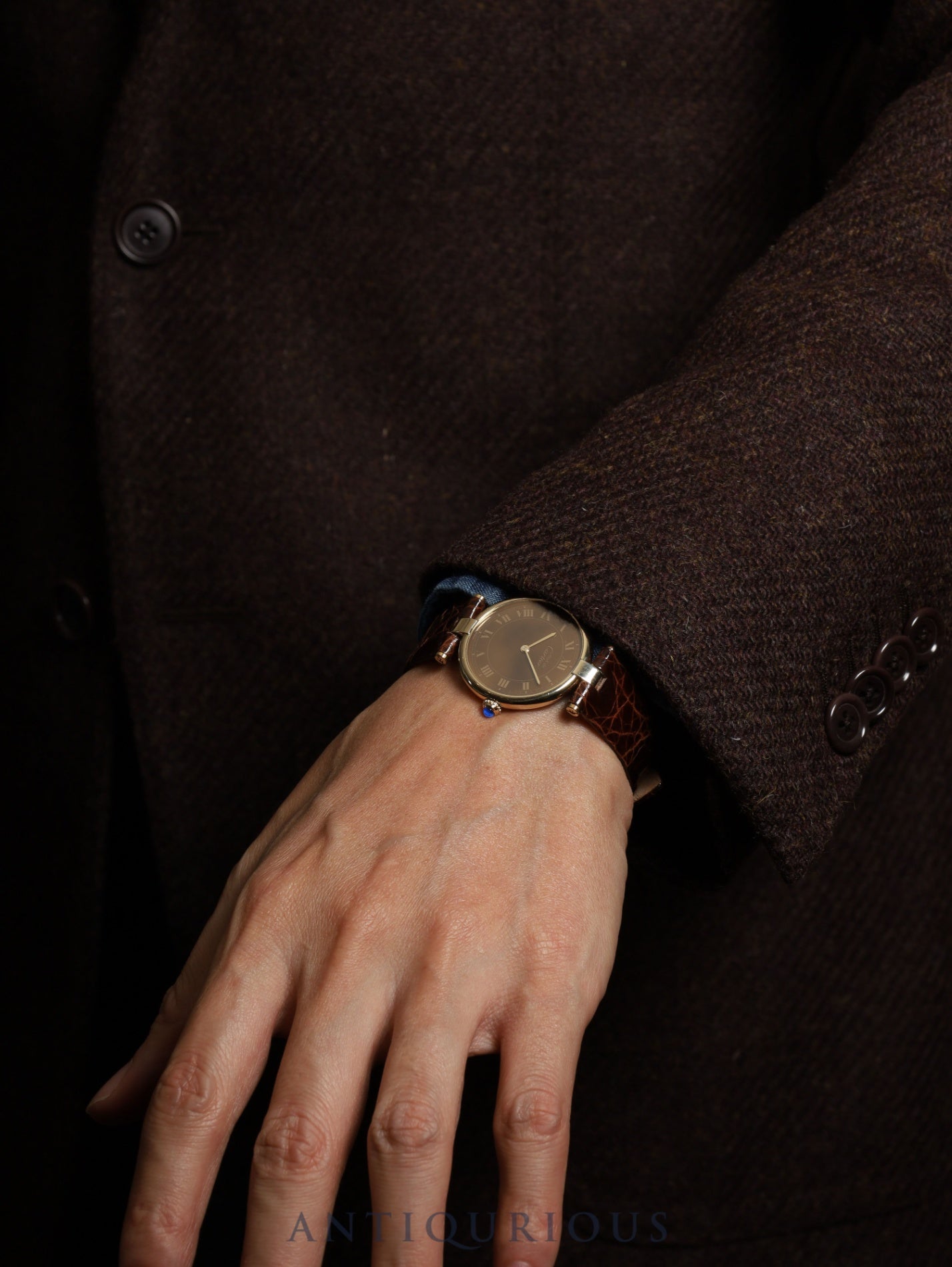 カルティエ マスト ヴァンドーム VLC LM 17 クォーツ SV925 革 純正尾錠（GP）マホガニー文字盤 保証書（1982年） カルティエブティックにてコンプリートサービス済み