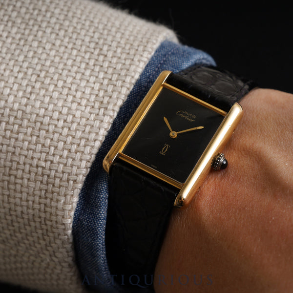 カルティエ マストタンク LM 手巻き Cal.78-1 SV925 革 純正尾錠（GP）ブラックオニキス文字盤 オーバーホール済み