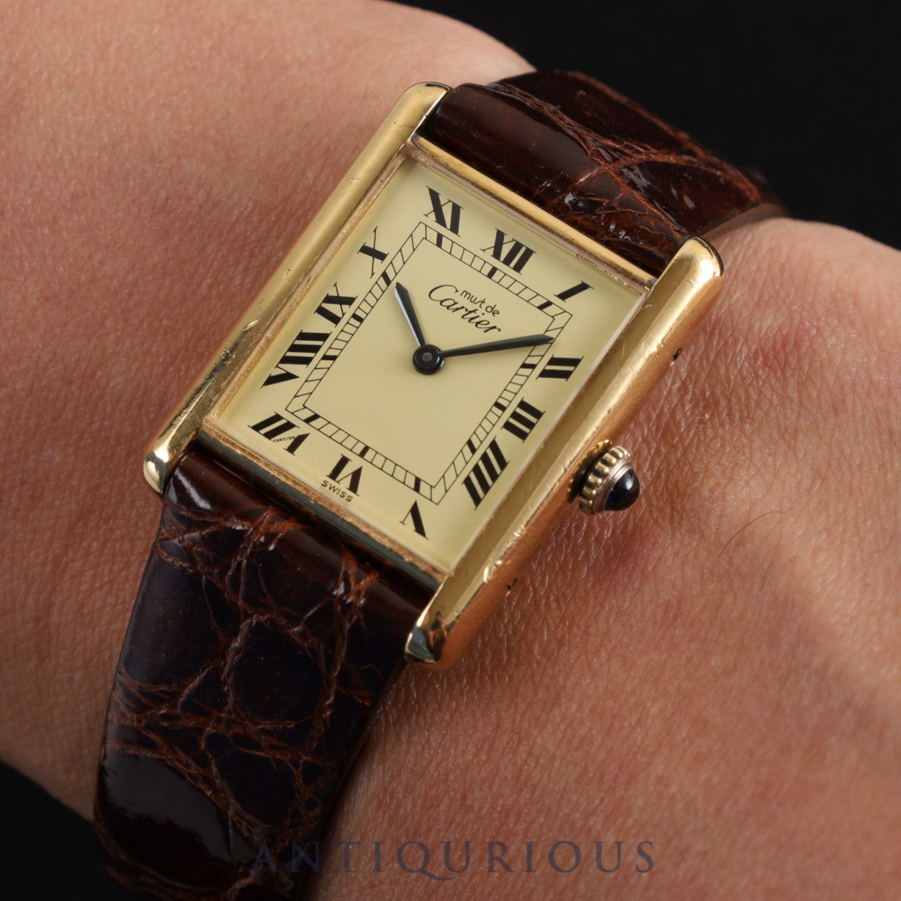 CARTIER カルティエ MUST TANK LM マストタンク LM 手巻き Cal.78-1 925 革 純正尾錠（GP）アイボリーローマン文字盤 オーバーホール済み