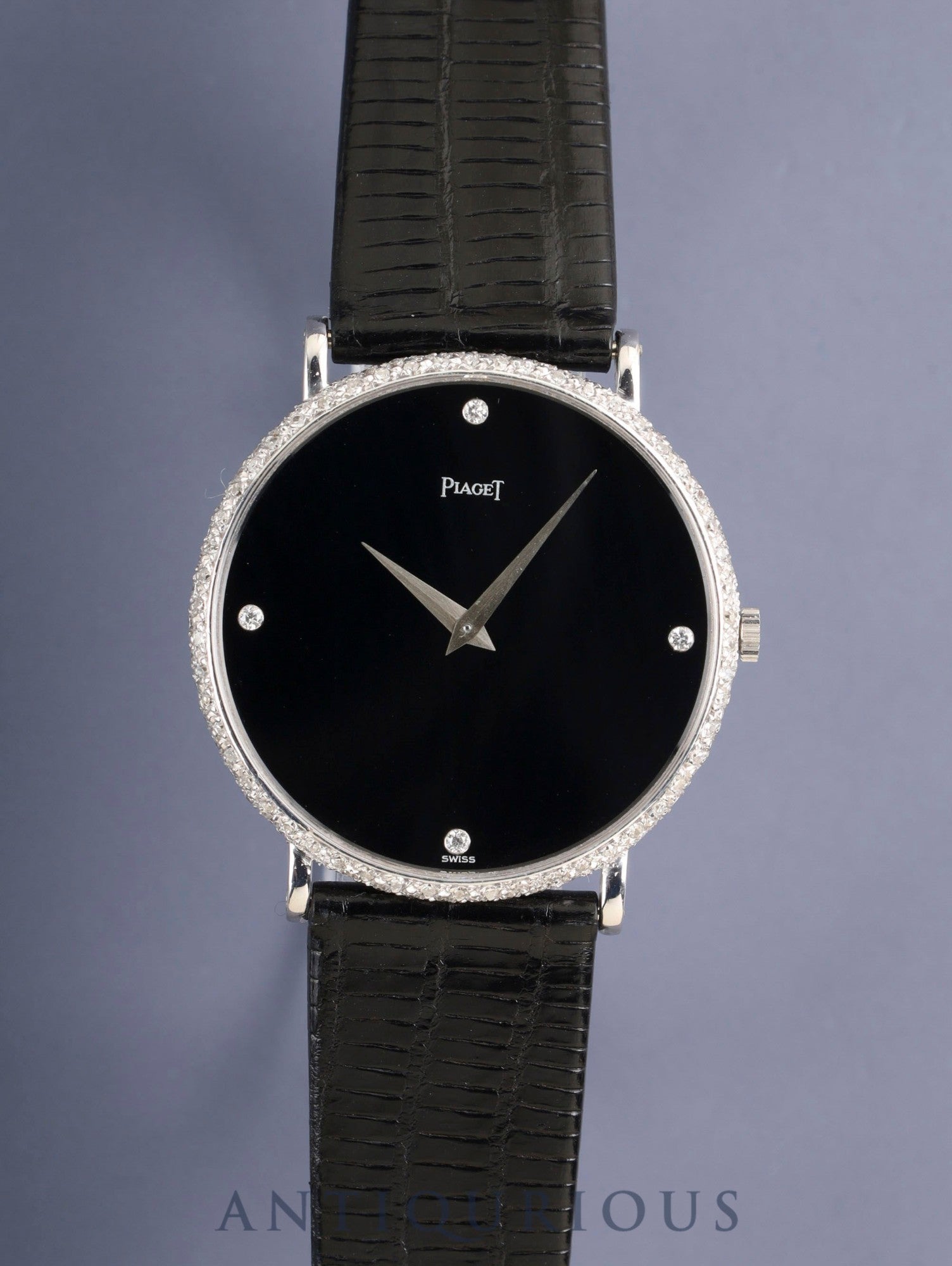 Piaget Round 9037 Manual Winding Cal.9P2 750WG Leather Original Pin Buckle (750WG) Black / Diamond Dial Box Original Leather Strap Overhauled