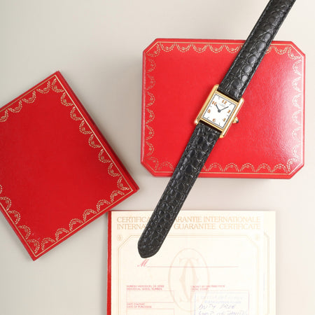 カルティエ マストタンク SM W1008354 / 1613 クォーツ Cal.057  SV925 革  純正Dバックル（GP）飛びアラビアCC文字盤（SWISS表記）箱 冊子 保証書（無記載）オーバーホール済み