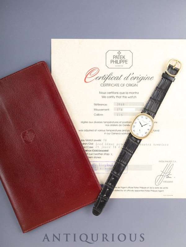 Patek Philippe Golden Ellipse 3989 Manual winding Cal.215 750YG leather strap Original pin buckle (750YG) White Roman dial Box, booklets, guarantee (1989) Overhauled