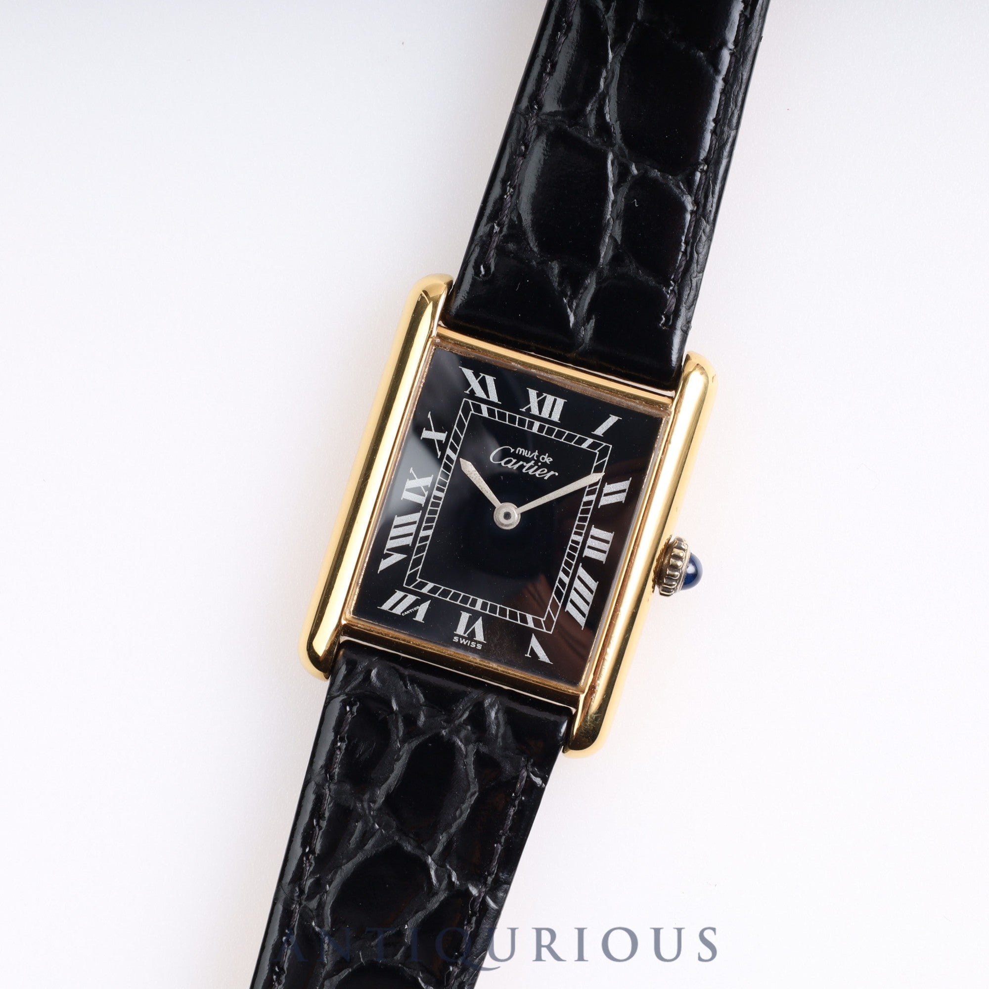 Cartier Must Tank LM Manual Winding SV Leather Black Roman Dial