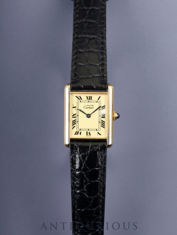 カルティエ マストタンク LM 590005 クォーツ Cal.90 SV925 革 純正尾錠（GP）アイボリーローマン文字盤（SWISS表記）オーバーホール済み
