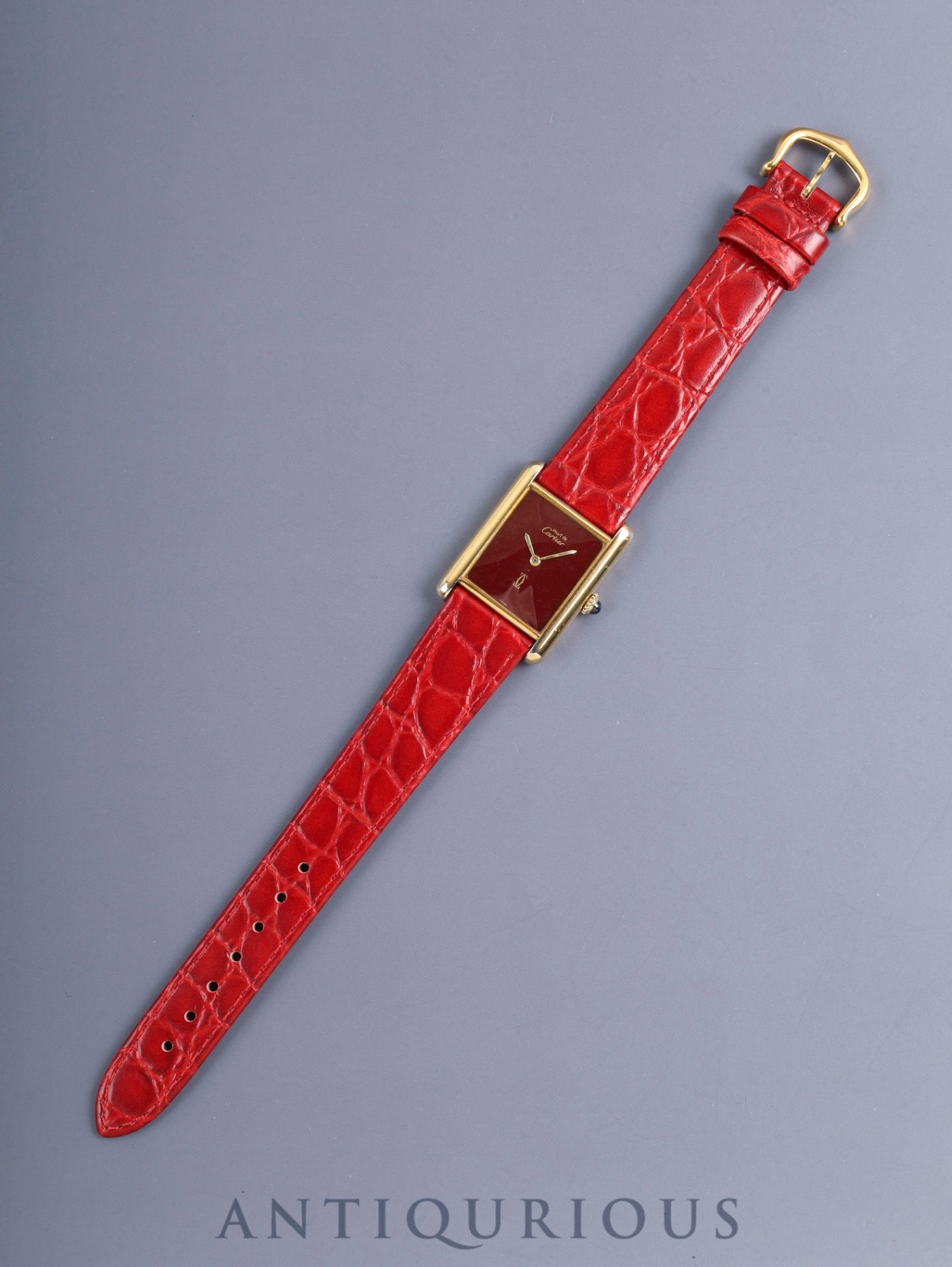Cartier Must Tank LM, manual winding, Cal. 78-1, SV925, leather strap, original pin buckle (GP), garnet dial, Bordeaux dial (SWISS marking), recently overhauled.