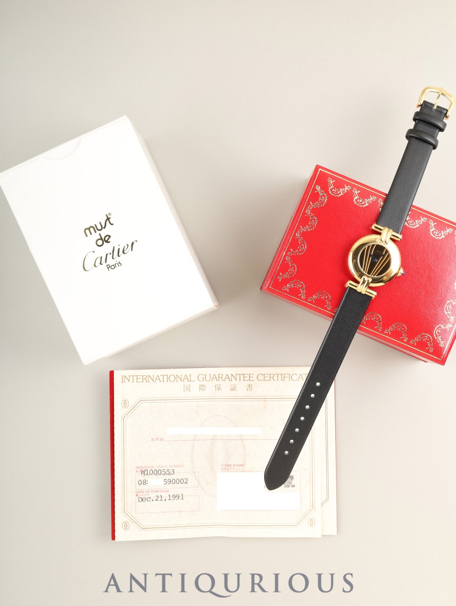 カルティエ マストコリゼ W1000553 / 590002 クォーツ SV925 革 純正ピンバックル（GP）ゴールド文字盤（SWISS MADE表記）箱 冊子 保証書（1991年 / 個人名記載あり）カルティエブティックにてコンプリートサービス済み