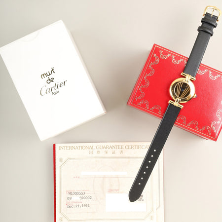 カルティエ マストコリゼ W1000553 / 590002 クォーツ SV925 革 純正ピンバックル（GP）ゴールド文字盤（SWISS MADE表記）箱 冊子 保証書（1991年 / 個人名記載あり）カルティエブティックにてコンプリートサービス済み