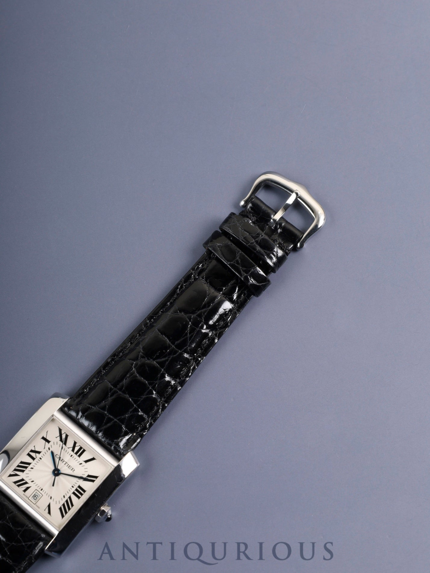 Cartier Tank Française LM W50011S3 / 2366 Automatic Cal.- 750WG Leather Original pin buckle (SS) Silver guilloché Roman numerals Overhauled