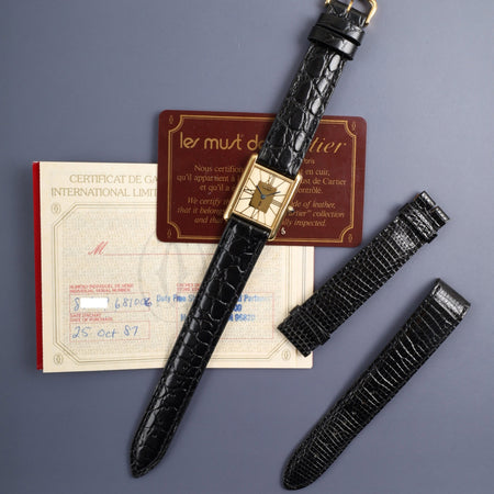 Cartier Must Tank LM 6 81006 Quartz Cal.81 SV925 Leather Original Pin Buckle (GP) Ivory Cloisonné Dial (SWISS marking) Warranty (1987) Card Original Leather Strap Overhauled