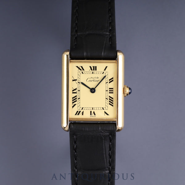 Cartier Must Tank LM W1002753 / 1615 Quartz Caliber 90 SV925 Leather Strap with Genuine GP Buckle, Ivory Roman Dial, Overhauled