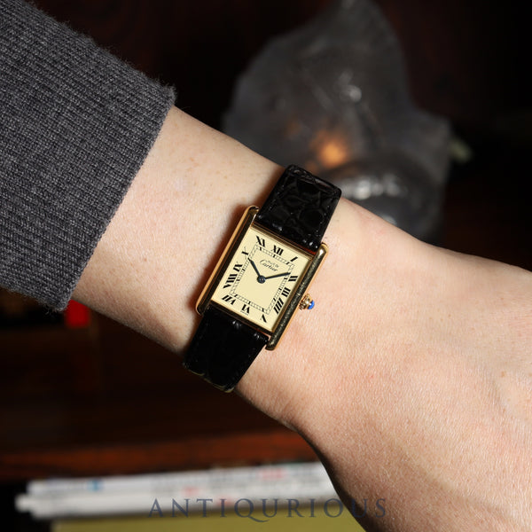 Cartier Must Tank LM 1615 Quartz Caliber 690 SV925 Leather Strap with Genuine GP Buckle, Ivory Roman Dial, Circa 1996-1998, Box, Overhauled