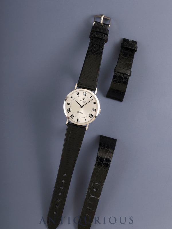 ロレックス チェリーニ 4112-9 手巻き Cal.1601 750WG 革 純正ピンバックル（750WG ）シルバーローマン文字盤 32mm 43番台（1975年） 箱 純正レザーベルト付き オーバーホール済み