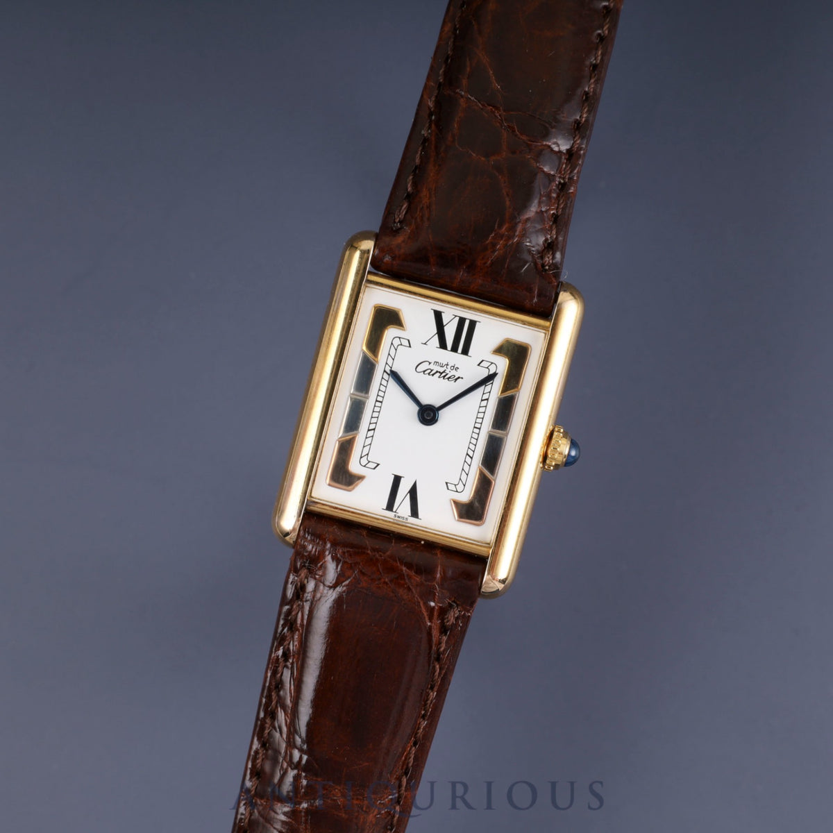 Cartier Must Tank LM 590005 Quartz Caliber 90 SV925 Leather Strap with Genuine GP Buckle, Side Trinity Dial, Overhauled