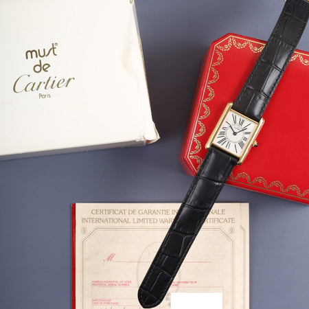 カルティエ マストタンク LM 590005 クォーツ Cal.690 SV925 革 純正Dバックル（GP） オパラン文字盤 箱 冊子 保証書（1996年） オーバーホール済み