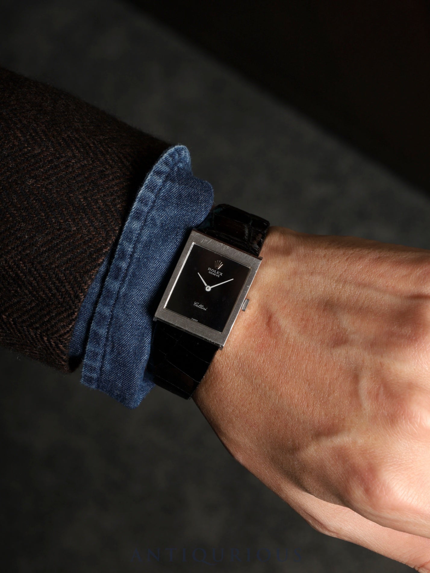 ロレックス チェリーニ 4014 手巻き Cal.1600 750WG 革 純正尾錠（GP） ブラック文字盤 33番台（1971年）オーバーホール済み