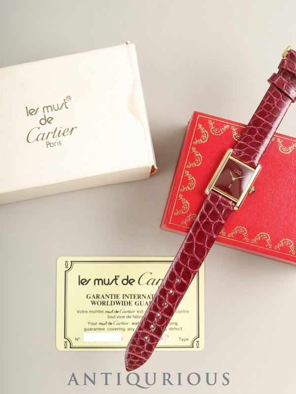 Cartier Must Tank SM 82975613 Manual Winding Caliber 78-1 Leather Strap Genuine Buckle (GP) Garnet Dial Bordeaux Dial (SWISS Marking) Box Warranty (1981) Overhauled