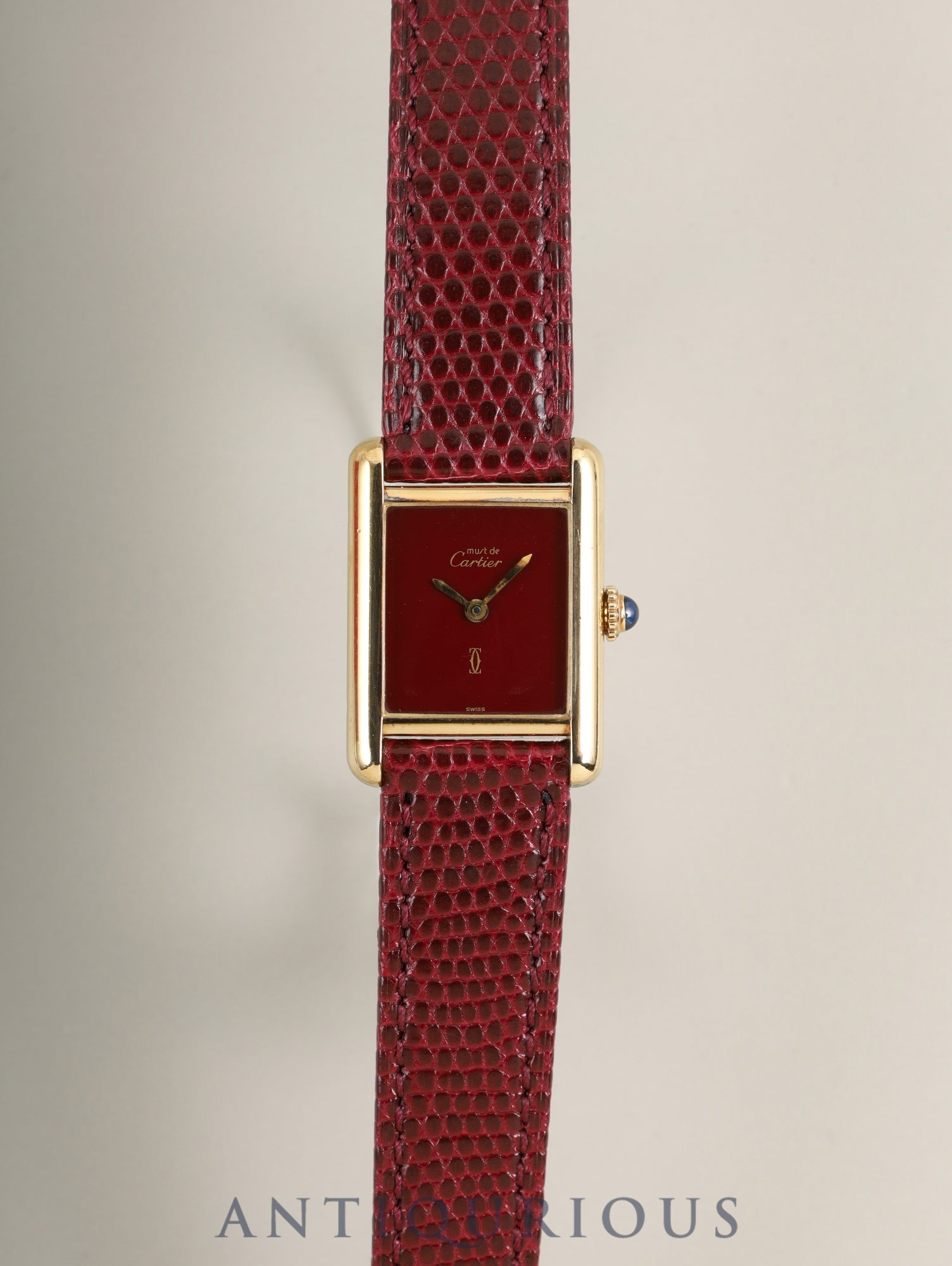 Cartier Must Tank SM Hand-wound Cal.78-1 SV925 Leather Genuine Pin Buckle (GP) Garnet Dial Bordeaux Dial (SWISS marking) Box Manual Warranty (1981 / one digit serial difference) with genuine leather strap, overhauled