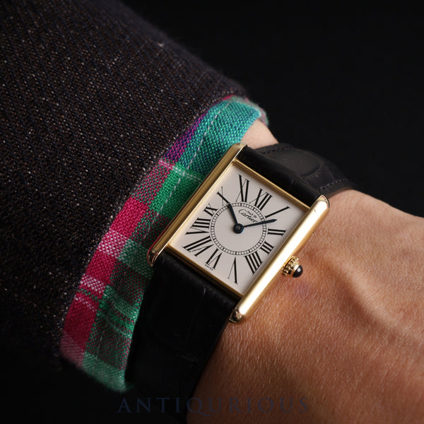 Cartier Must Tank LM W1005654 / 1615 Quartz Caliber 90 SV925 Leather Strap with Genuine D-buckle (GP) Opalescent Dial Circa 1996-1998 Overhauled
