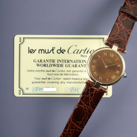 カルティエ マスト ヴァンドーム VLC LM 17 クォーツ SV925 革 純正尾錠（GP）マホガニー文字盤 保証書（1982年） カルティエブティックにてコンプリートサービス済み