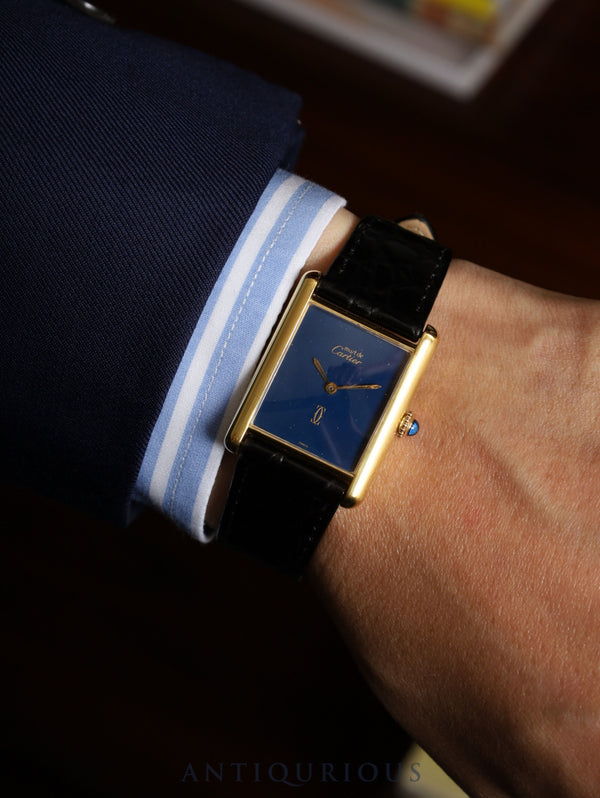 カルティエ マストタンク LM 手巻き Cal.78-1 SV925 革 純正尾錠（GP） ラピスラズリ文字盤（SWISS表記） オーバーホール済み 新品仕上げ済み
