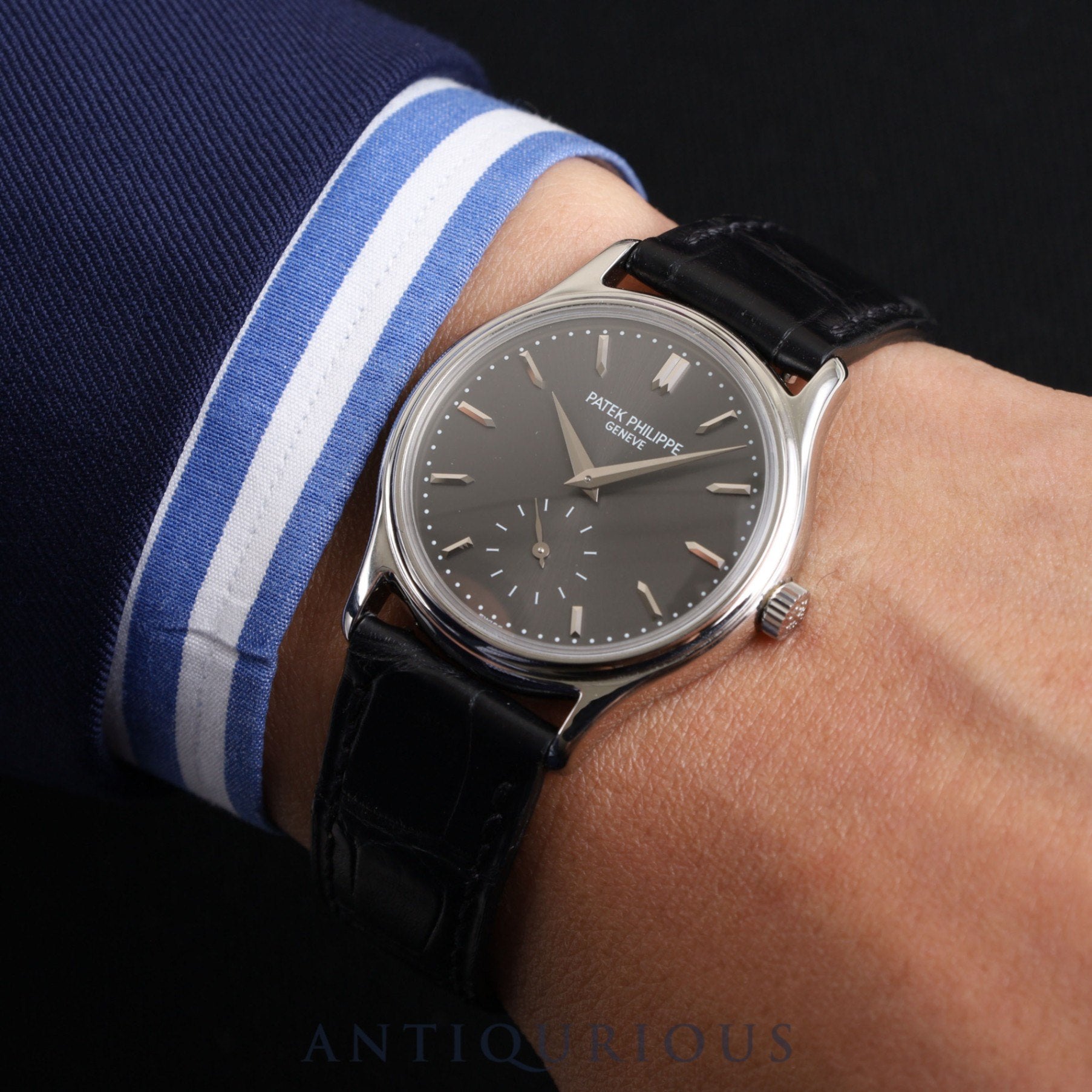 パテック・フィリップ カラトラバ 3923A 手巻き Cal.215 SS 革 純正ピンバックル（SS）グレー文字盤 1987年 修理明細 パテックフィリップにて修理済み