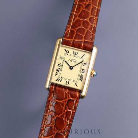 Cartier Must Tank LM 590005 Quartz Cal.90 SV925 Leather Genuine Buckle (GP) Ivory Roman Dial Overhauled