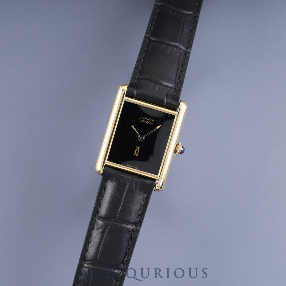 Cartier Must Tank LM, manual winding, Cal. 78-1, SV925, leather, genuine D-buckle (GP), black onyx dial, complete service (full maintenance) completed at a Cartier boutique.