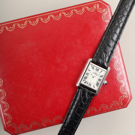 カルティエ マストタンク MM 2416 クォーツ Cal.057 SV925 革 純正Dバックル（SS） シルバーローマン文字盤（クリスマス限定 / SWISS MADE表記）   2000年頃 箱 オーバーホール済み