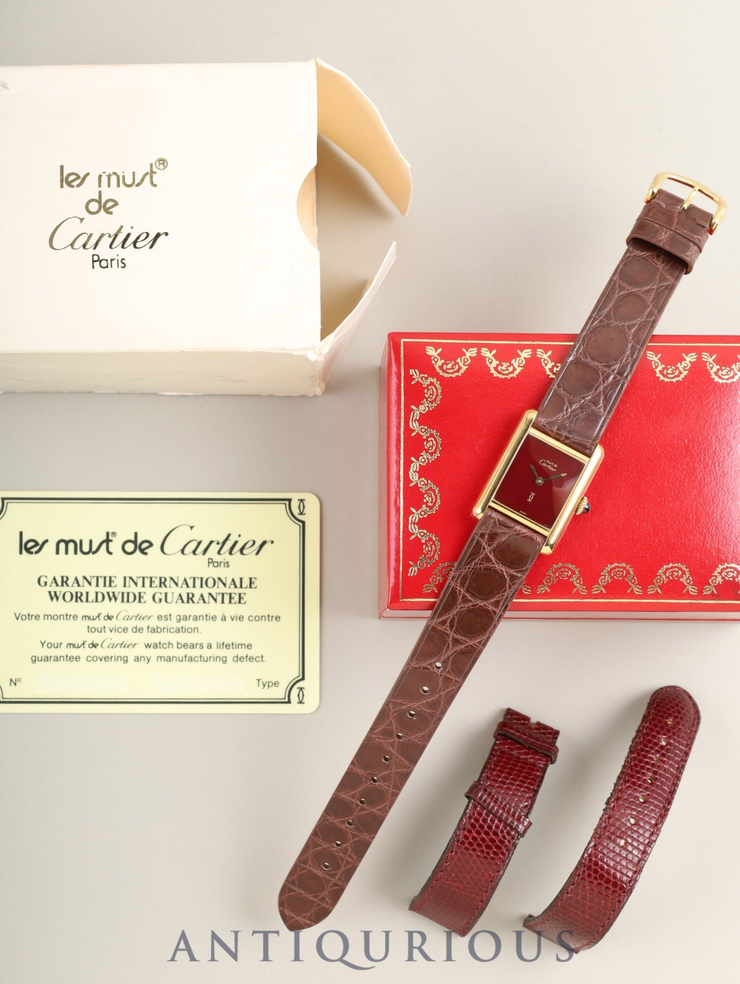 Cartier Must Tank SM Manual Winding Caliber 78-1 SV925 Leather Genuine Buckle (GP) Garnet Dial Bordeaux Dial (SWISS Marking) Box Booklet Genuine Leather Strap Warranty (1982) Overhauled
