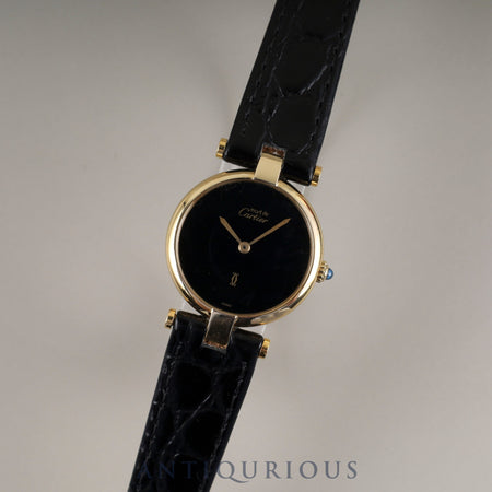 Cartier Must Vendôme VLC SM Quartz Cal.81 SV925 Leather Strap with Genuine GP Buckle, Onyx Dial, Overhauled