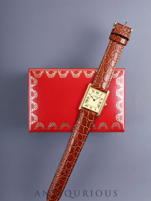 カルティエ マストタンク LM 590005 クォーツ Cal.90 SV925 革 純正ピンバックル（GP）アイボリーローマン文字盤（SWISS表記）箱 オーバーホール済み 新品仕上げ済み